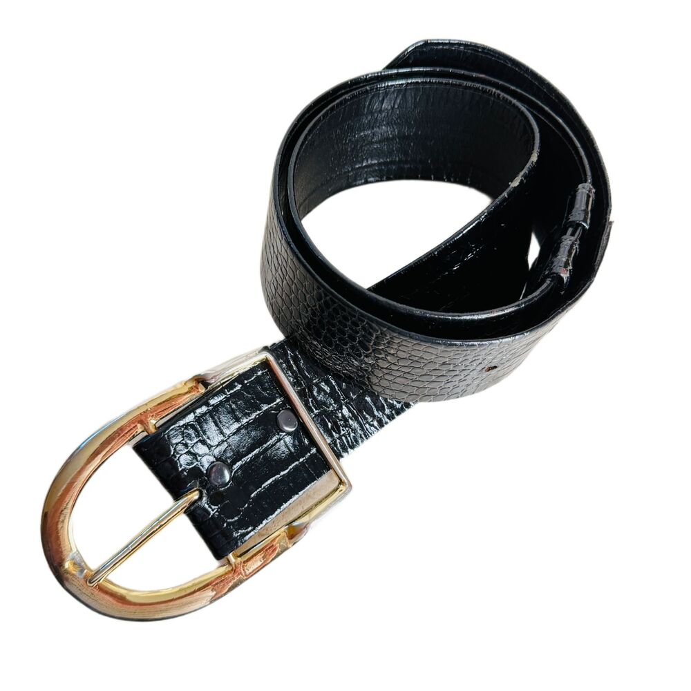 VTG Alexis Kirk Black Leather Belt Alligator Crocodile Embossed Shiny Big Buckle